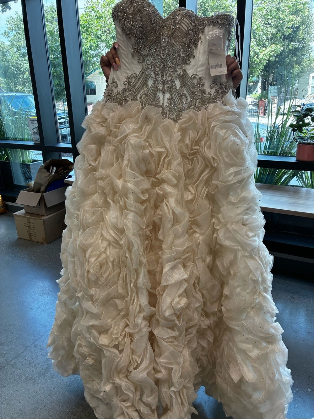 Women's White Ruffled Ball Gown Wedding Dress with Beaded Bodice